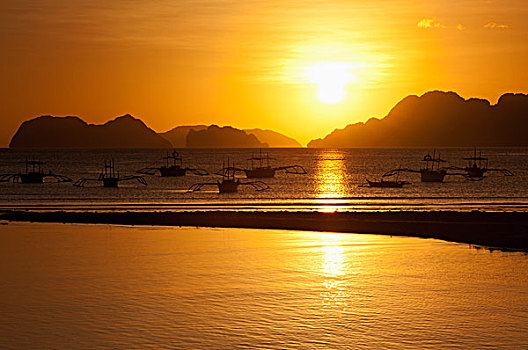 日落,岛屿,船,靠近,埃尔尼多,巴拉望岛,菲律宾