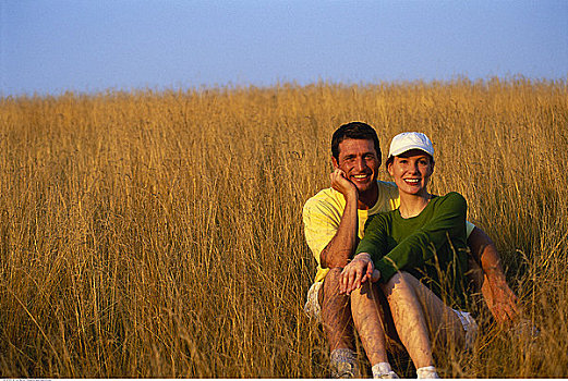 肖像,坐,夫妇,高草,贝尔格莱德湖区,缅因,美国