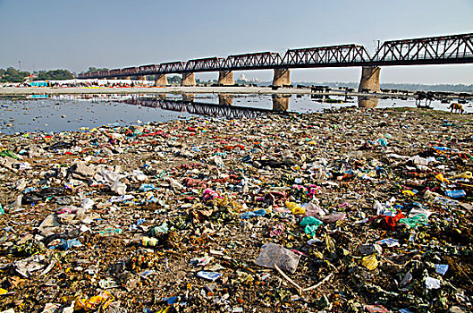 垃圾堆,堤岸,河,北方邦,印度,亚洲