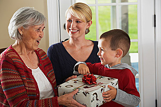 孙子,给,礼物,祖母,母亲