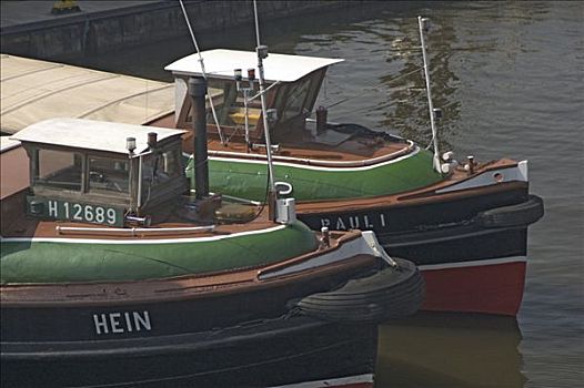 两个,小,旅游,船,卧,并排,汉堡港,德国