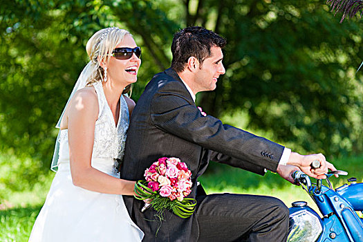 婚礼,情侣,摩托车,骑,未来