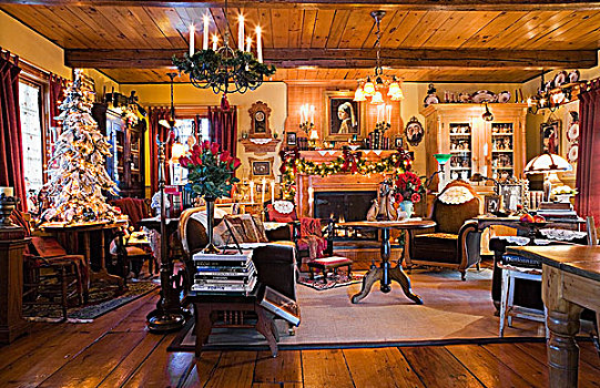 豪华,装饰,客厅,圣诞时节,门框,老,住宅,原木,家,魁北克,加拿大