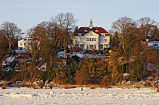 别墅,冬天,岸边,河,汉堡市,德国,欧洲