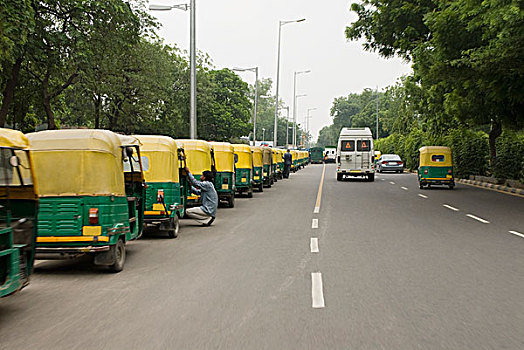 汽车,人力车,停放,路边,新德里,印度