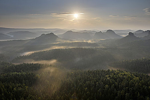 雾,日出,早晨,气氛,砂岩,山,撒克逊瑞士,萨克森,德国,欧洲