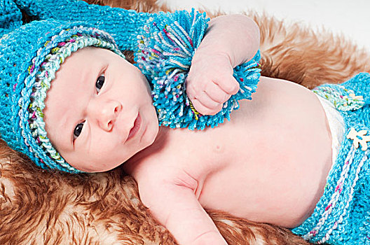 婴儿,长,蓝色,编织帽