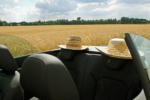 夏天,太阳,汽车,两个,草帽,敞篷车