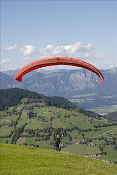 滑翔伞,上面,山,挨着,旅店,山谷,阿尔卑斯山,奥地利