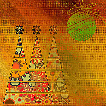 艺术,三个,圣诞树,球,金色,红色,彩色,抽象,花,旧式,图案,橙色背景