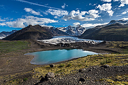 景色,俯视,结冰,湖,冰河,山,背景,斯卡夫塔菲尔国家公园,冰岛