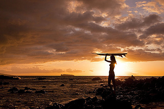 夏威夷,毛伊岛,麦肯那,剪影,冲浪,女孩,日落
