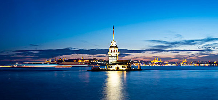 塔,夜晚,岛屿,博斯普鲁斯海峡,伊斯坦布尔,土耳其