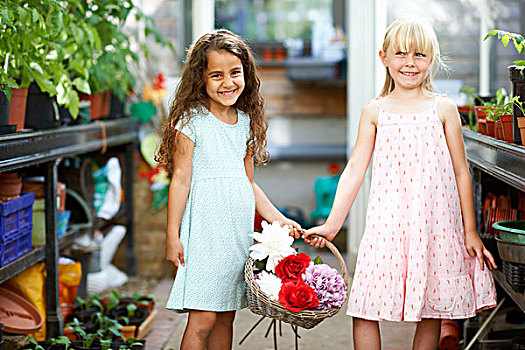 头像,两个女孩,拿着,篮子,清新,花,温室