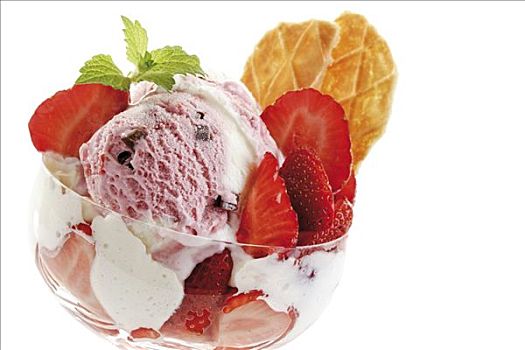 草莓,冰淇淋,泡沫奶油,冰淇淋蛋糕,玻璃,装饰,威化脆皮