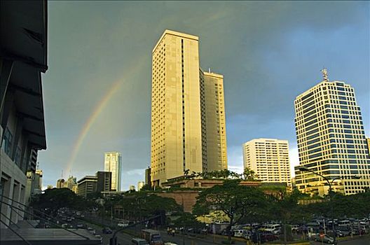 菲律宾,吕宋岛,马尼拉,城市天际线,彩虹,上方,马卡蒂,商务区,建筑
