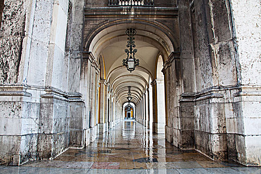 葡萄牙,里斯本,柱子,拱廊,商业,广场,反射