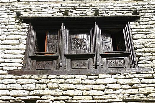 仰视,窗,石墙,安娜普纳,喜马拉雅山,尼泊尔