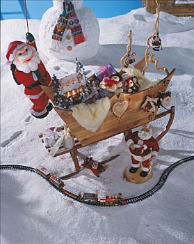 圣诞节,婴儿床,礼物,毛绒玩具,雪撬,圣诞老人,雪人,小,电车