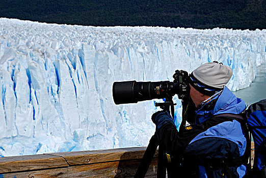 摄影师,电传照相,镜头,艺术鉴赏家,冰河,巴塔哥尼亚,阿根廷,南美