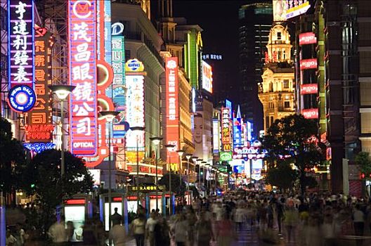 中国,上海,霓虹灯,行人,南京东路,道路,购物,乐园