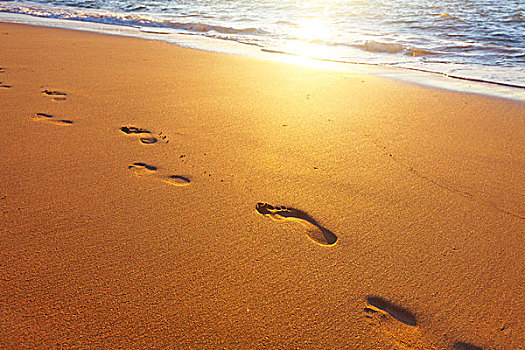 海滩,波浪,脚步,日落,时间