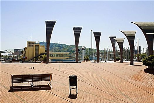空,长椅,靠近,雕塑,城市,巴塞罗那,西班牙
