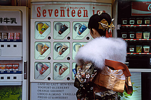 女孩,冰淇淋,机器,购物,区域,日本