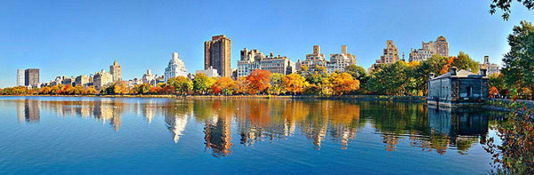 中央公园,曼哈顿,东方,奢华,建筑,全景,上方,湖,秋天,纽约