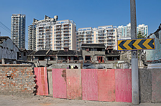 老,建筑,毁坏,现代建筑,上海,中国,亚洲