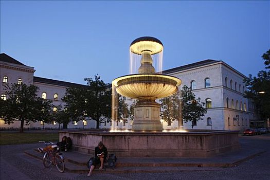 喷泉,正面,大学,建筑,慕尼黑,上巴伐利亚,德国,欧洲