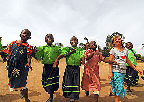 肯尼亚,黑白,孩子,跳跃,高兴,校园