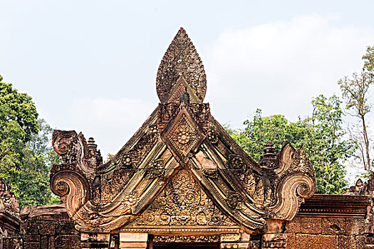 浅浮雕,入口,中心,庙宇,高棉,印度教,女王宫,收获,省,柬埔寨,亚洲