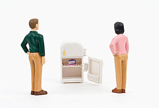 男人,女人,小雕像,看,冰箱