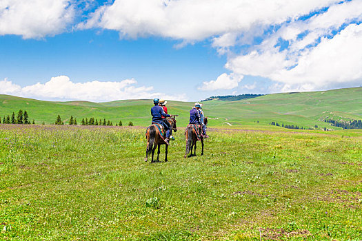 夏季的新疆喀拉峻草原上,两匹马上坐着四个人正慢慢走向远方