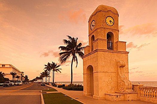 美国,佛罗里达,棕榈海滩,价值,道路,钟楼,黃昏