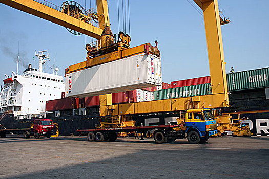 货箱,海港,右边,堤岸,河,航海,英里,海岸线,湾,孟加拉,一个,两个,海洋,港口,出口贸易,进口