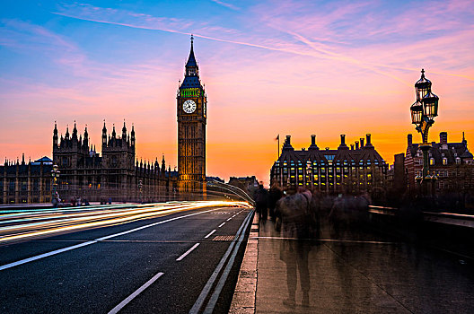 光影,正面,大本钟,黃昏,夜光,日落,议会大厦,威斯敏斯特桥,威斯敏斯特,伦敦,区域,英格兰,英国,欧洲