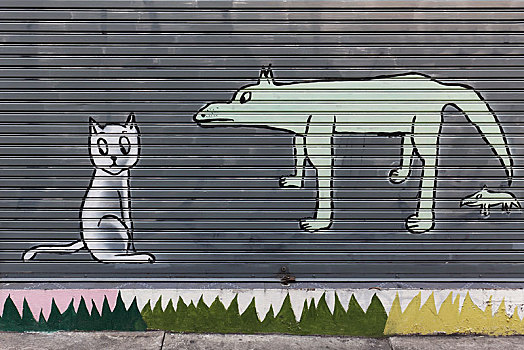 猫,狗,有趣,涂鸦,百叶窗,曼谷,泰国,亚洲