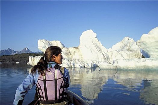 女人,独木舟,过去,冰山,泻湖,基奈,峡湾,国家公园