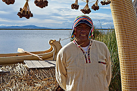 帽,传统服饰,芦苇,船,漂浮,岛屿,提提卡卡湖,秘鲁,湖,南美,本土文化,装饰