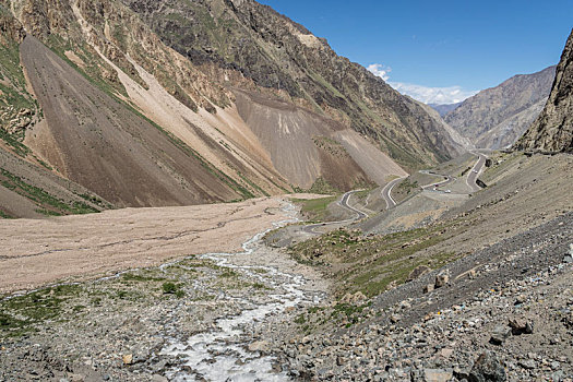 中国新疆夏季蓝天白云下g217独库公路沿途高山戈壁风景