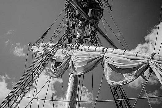 桅杆,帆,老,帆船,黑白图片
