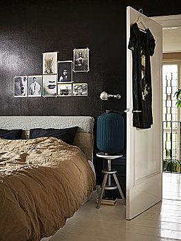 床,软垫,床头板,仰视,照片,墙壁,靠近,打开,室内,门