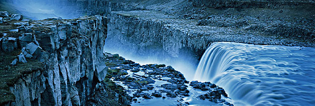俯拍,瀑布,岩石,悬崖,冰岛