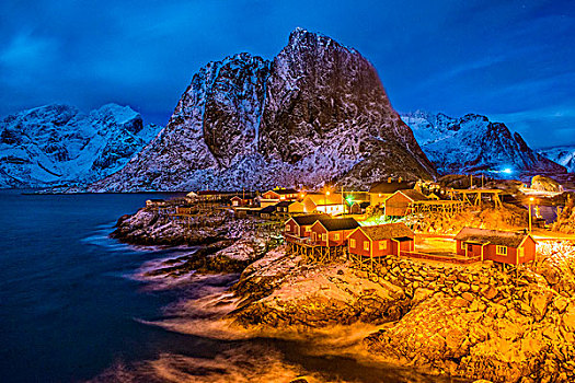 小屋,夜晚,罗浮敦群岛,挪威,欧洲