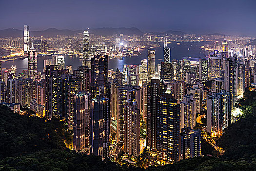 全景,太平山,高层建筑,夜晚,市中心,香港,中国,亚洲