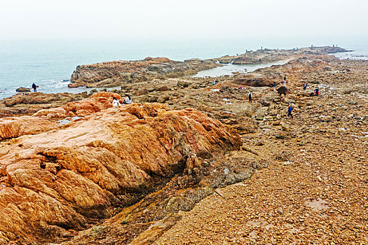 航拍山东青岛太平湾海岬角礁石林立