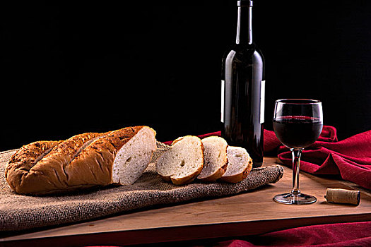 面包,葡萄酒,切片,法式面包,葡萄酒杯,葡萄酒瓶