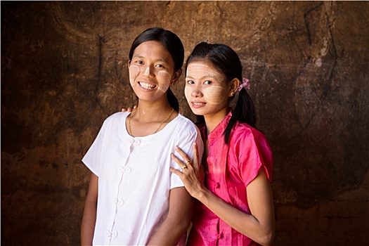 两个,年轻,缅甸,女性